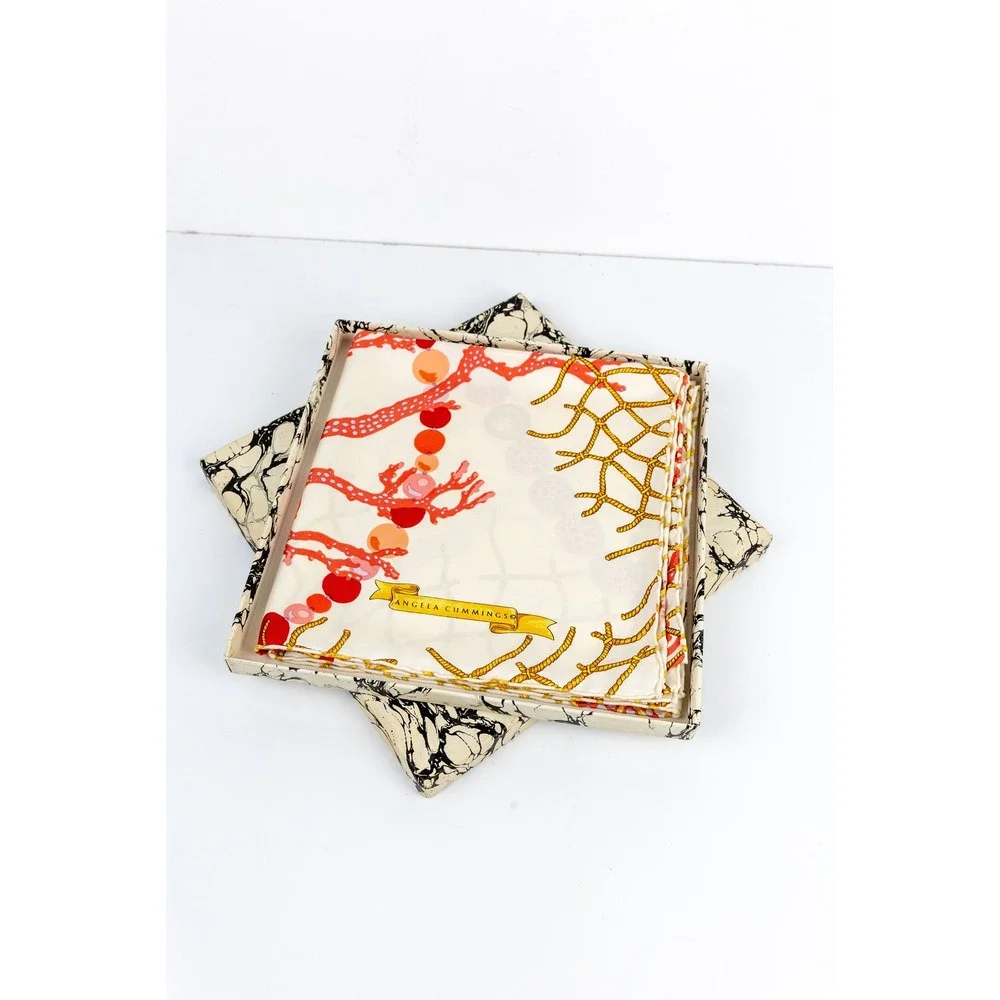 Vintage Angela Cummings Italian Silk Twill Scarf Nautical Coral Net In Box 35x35